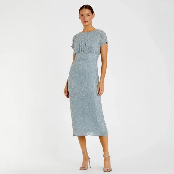 NWT $498 Size 2 Beaded Cap Sleeve Empire Waist Sheath Midi Dress - Picture 1 of 5